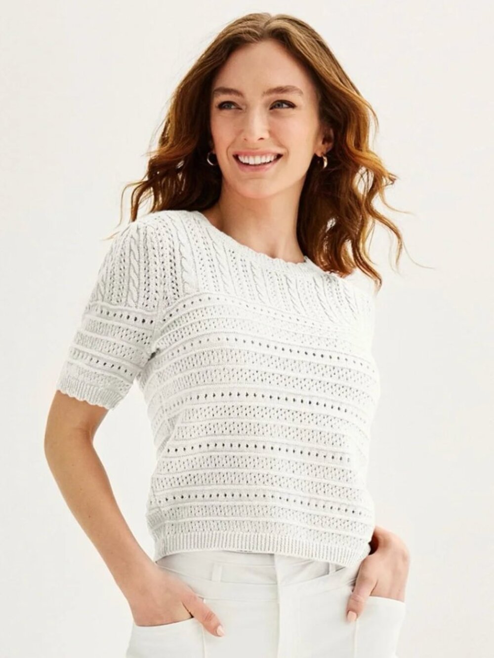 Draper James  White Short Sleeve Pointelle Sweater Medium